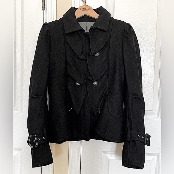 BCBG Max Azria Wool/ Poly/ Cashmere Ruffle Jacket w Button Detail; Size M/L - Picture 4 of 16